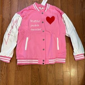 Pink and White Varsity Jacket with Red Heart